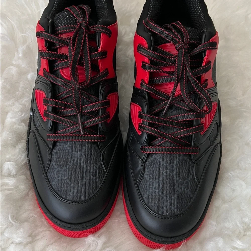 Gucci Men’s Black Leather and GG supreme Canvas Low Top Sneakers Sz 10